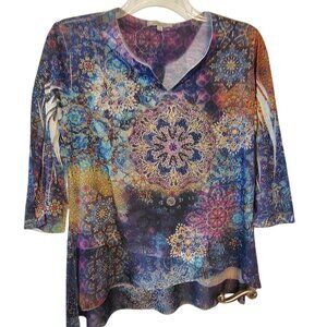 Jess & Jane Large Top Tie Dye Kaleidoscope Pattern, 3/4 Sleeve Multi Layered Hem